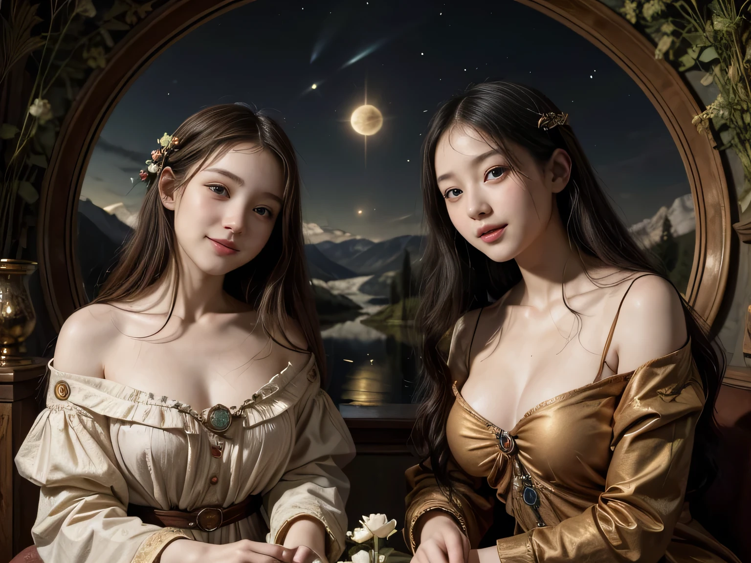 Giorgione painting style,Arguments of two female Philosophe,math、astronomical machine、astronaut、roses in vase、fruits、Cute trinkets、smile、ancient greek costume、Background is a forest lake at night 、Clothes that stretch your shoulders、A big smile、beautiful bare skin、A detailed representation of the seducing woman throughout her body.