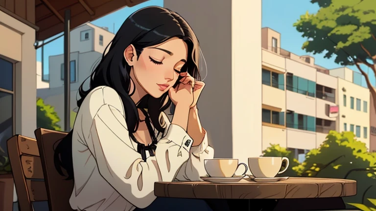Beautiful woman in her 30s with black hair is sitting on the cafe terrace. Looking down, eyes closed, LOFI girl, alone in the room, blouse, relaxing mood, cozy, only five fingers, Beautiful things and scenery