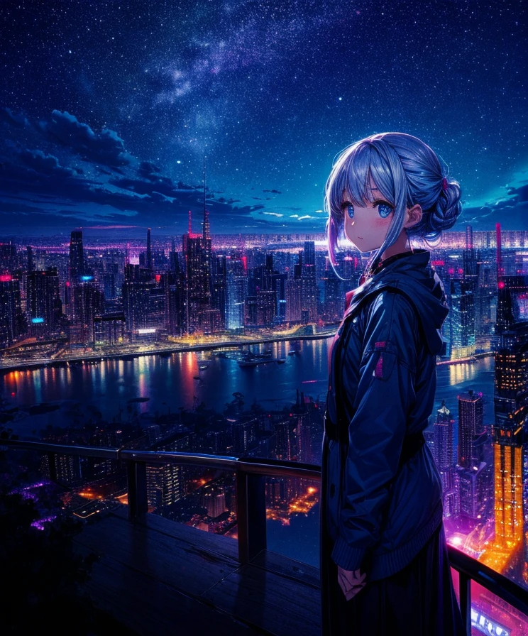 Cute girl characters,silber hair,blue eyes,Night view from a high place、Drawing a large number of skyscrapers, Looking up at the starry sky. Surround her with colorful nebulae and colorful metropolis.