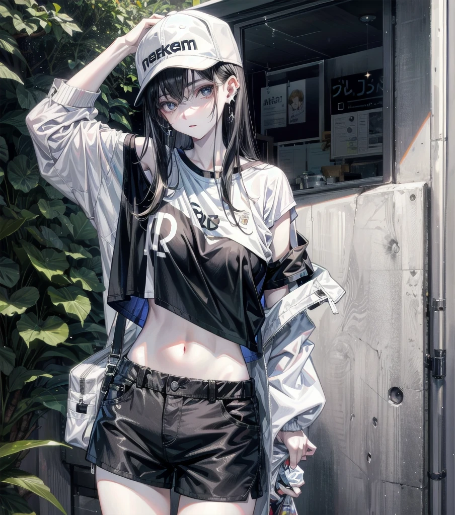 pale skin, 20 years old, tearful mole, earring, medium hair, black hair, big tits, whole body shot, shorts, t-shirt, off-shoulder, baseball cap, outdoor,