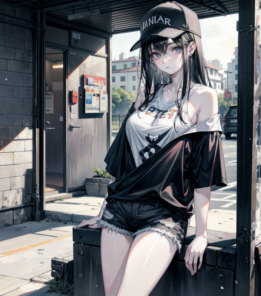 pale skin, 20 years old, tearful mole, earring, medium hair, black hair, big tits, whole body shot, shorts, t-shirt, off-shoulder, baseball cap, outdoor,