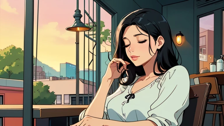 Beautiful woman in her 30s with black hair is sitting on the cafe terrace. Looking down, eyes closed, LOFI girl, alone in the room, blouse, relaxing mood, cozy, only five fingers, Beautiful things and scenery