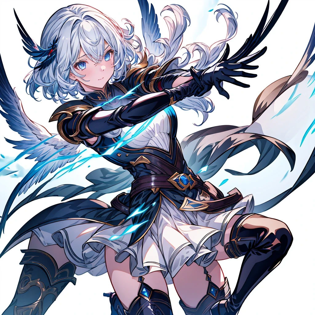 highest quality、最高masterpiece、Dynamic composition、(((One girl))),One girl, alone, Milky white short hair, Magic wand, wing, Black background, sword, Knee socks, Holding, skirt, hair ornaments, gloves, boots, feathered wing, Holding 武器, feather, Two-Way, black skirt, blue eyes, black gloves, Milky hair, whole body, belt, Exposing shoulders, thigh boots, Holding sword, elbow gloves, Gauntlet, [(White Background:1.5),::5] (Isoscale:1.0), Double Exposure, bubble,
Mid Shot, whole body,masterpiece, highest quality,(colorful),(Beautifully detailed eyes and face),Cinema Lighting,Highly detailed CG Unity 8k wallpaper