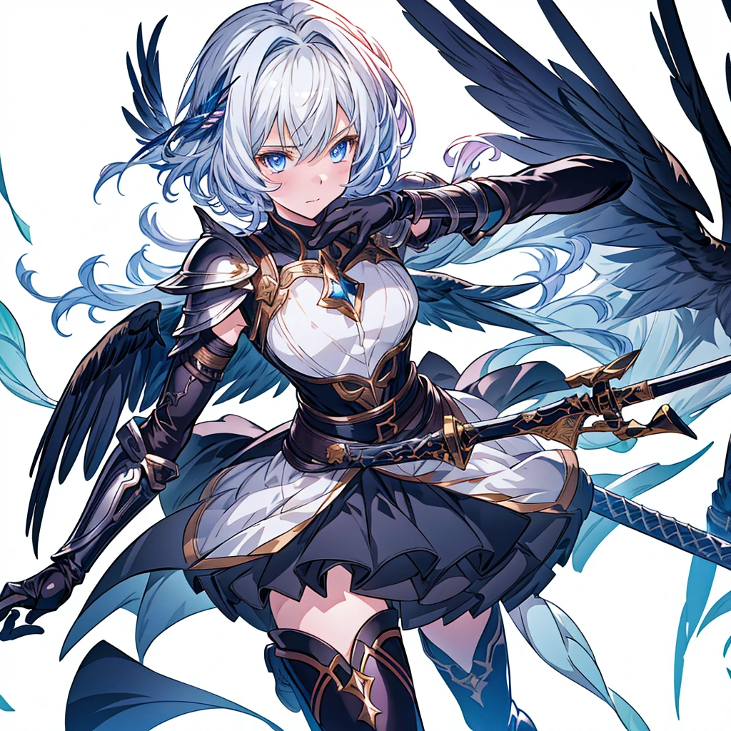 highest quality、最高masterpiece、Dynamic composition、(((One girl))),One girl, alone, Milky white short hair, Magic wand, wing, Black background, sword, Knee socks, Holding, skirt, hair ornaments, gloves, boots, feathered wing, Holding 武器, feather, Two-Way, black skirt, blue eyes, black gloves, Milky hair, whole body, belt, Exposing shoulders, thigh boots, Holding sword, elbow gloves, Gauntlet, [(White Background:1.5),::5] (Isoscale:1.0), Double Exposure, bubble,
Mid Shot, whole body,masterpiece, highest quality,(colorful),(Beautifully detailed eyes and face),Cinema Lighting,Highly detailed CG Unity 8k wallpaper