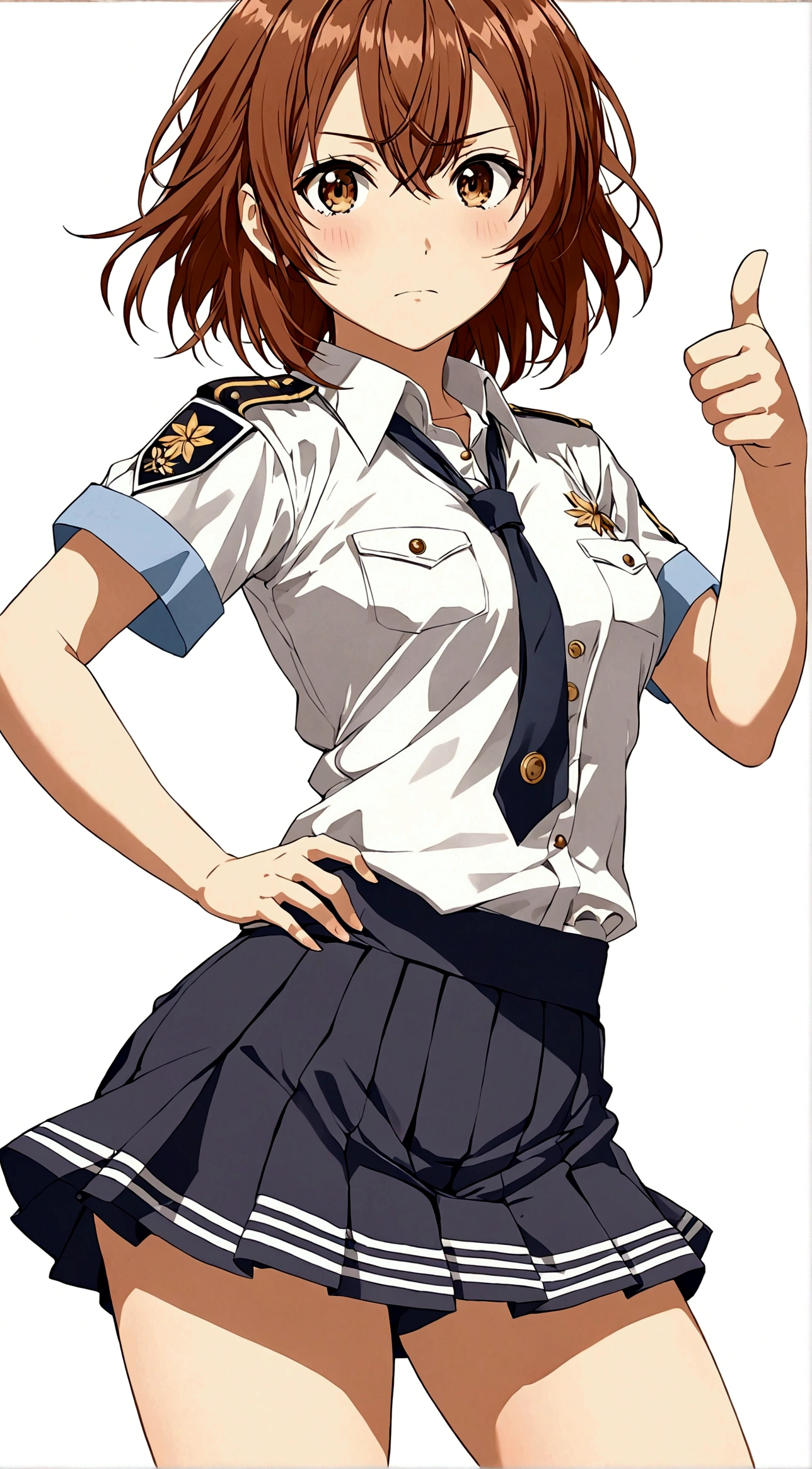 1girl，Brown eyes，Brown hair，One hand thumbs up，One hand on waist，Proud, Disgusted look, misaka mikoto，Uniforms，short hair，shorts，skirt下的shorts，Simple background，skirt，solo，White background