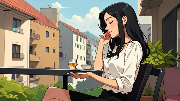Beautiful woman in her 30s with black hair is sitting on the cafe terrace. Looking down, eyes closed, LOFI girl, alone in the room, blouse, relaxing mood, cozy, only five fingers, Beautiful things and scenery