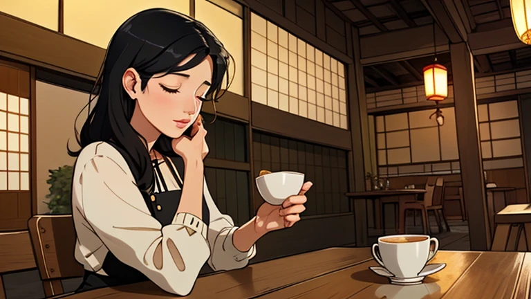 Beautiful woman in her 30s with black hair is sitting on the cafe terrace. Looking down, eyes closed, LOFI girl, alone in the room, blouse, relaxing mood, cozy, only five fingers, Old Japanese houses