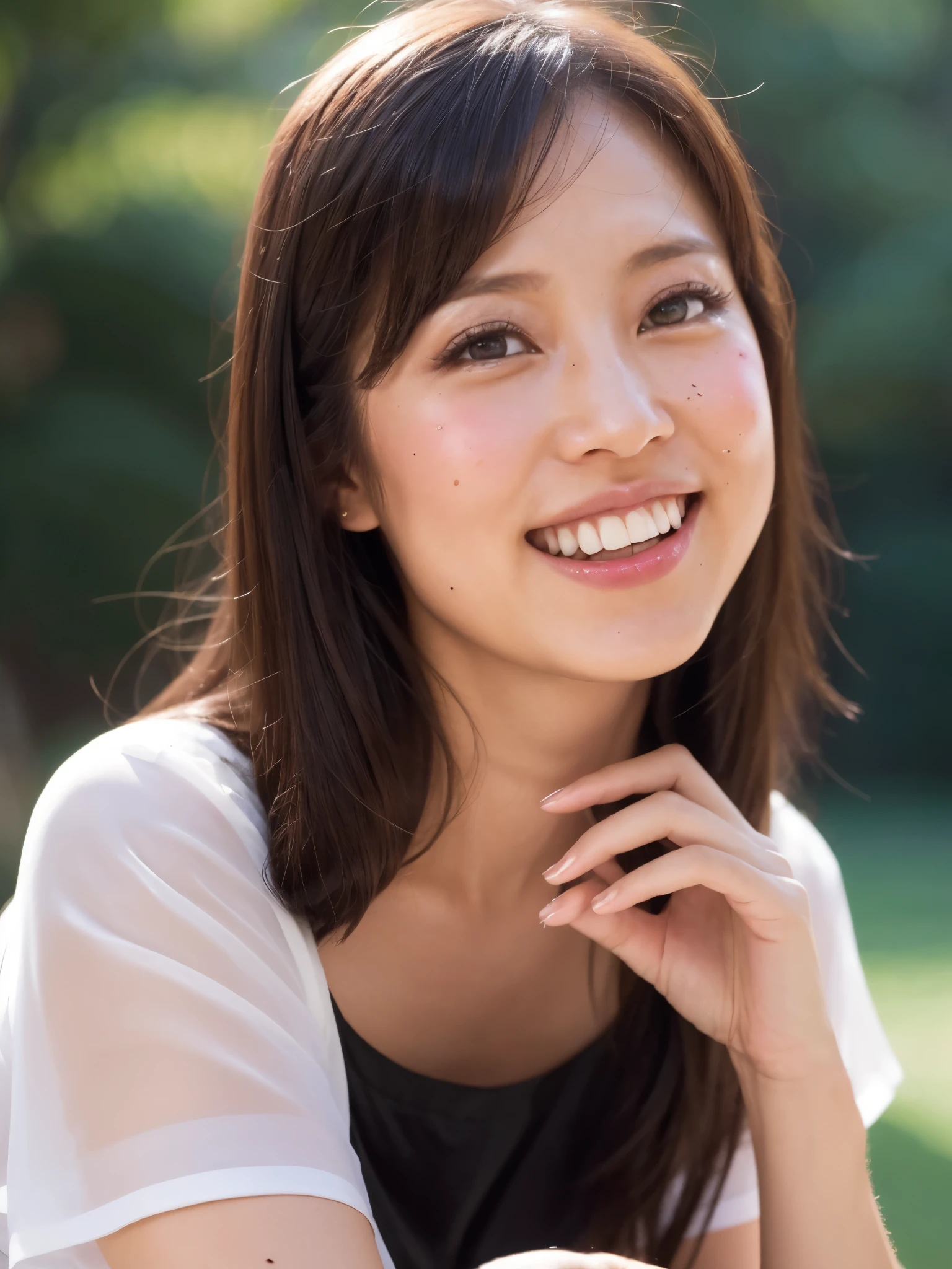 ((highest quality, 8K, Ultra high definition)), ((masterpiece: 1.3)), (Perfect appearance), (Photorealism: 1.6), (JMA), (Portrait of a Japanese mature woman), (Blurred Background: 1.8), (Sunny day in the park), (Woman standing in the shade), ((Looking this way)), ((Realistic skin texture)), (Fine wrinkles all over the skin, Dull skin, Unmoisturized skin, Wrinkles around the eyes, double eyelid, Lower eyelid tear trough, Crying Mole, Dimples), Slightly parted lips, Smiling gently, (Medium wave hairstyle), (A fitted blouse with a wide neckline: 1.2), (Lightweight fabric blouse), (Voluptuous body), (Large Breasts), (Tight long skirt),