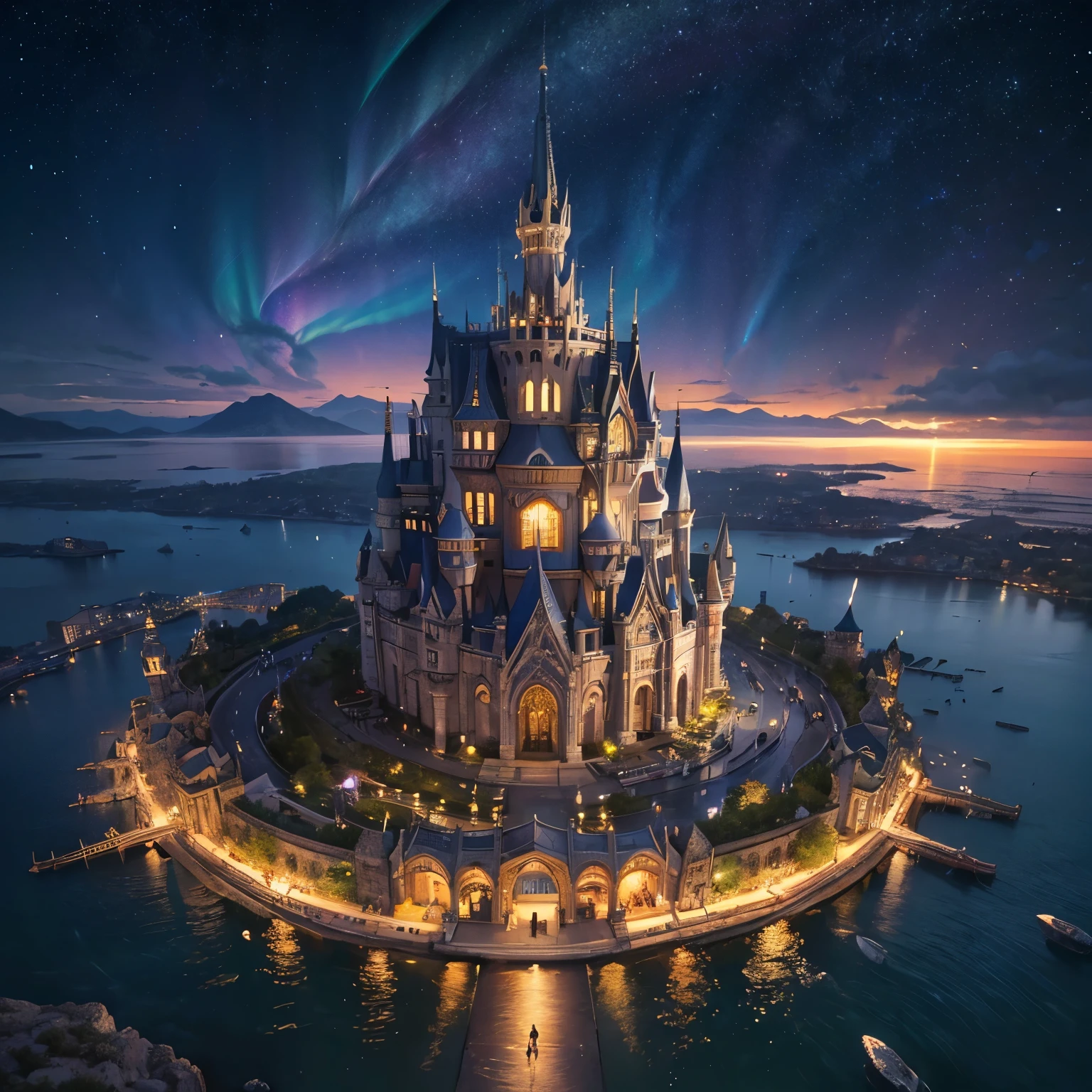 (8k, highest quality, masterpiece, final fantasy style: 1.2), (unRealistic, photoRealistic: 1.37), Dreamy landscape, Fantasy, Unsurreal landscapes, Super detailed, Flying medieval castle, Floating Island in the Sky, Seven-colored swirl of light, (流星のMr.に空を舞う光り輝く尾の長い小鳥:1.3), Aurora, Intense lightning, milky way, Complex Light, Mr.々Colored light, Large Lake, Starry sky reflected on the lake surface, Countless shining stars, Meteors, Many meteors, Aura of, (A pillar of light emanated from the ground:1,2), 複雑な文Mr.の魔法陣