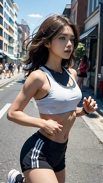 A young woman with short brown hair is captured mid-jump in an urban street. She is wearing athletic gear, including a sports bra and shorts, with a design featuring black, white, red, and blue colors. Her skin is glistening with sweat, indicating she is engaged in an intense physical activity. The background shows a lively street with buildings, signs, and potted plants, suggesting a sunny day in a vibrant neighborhood.