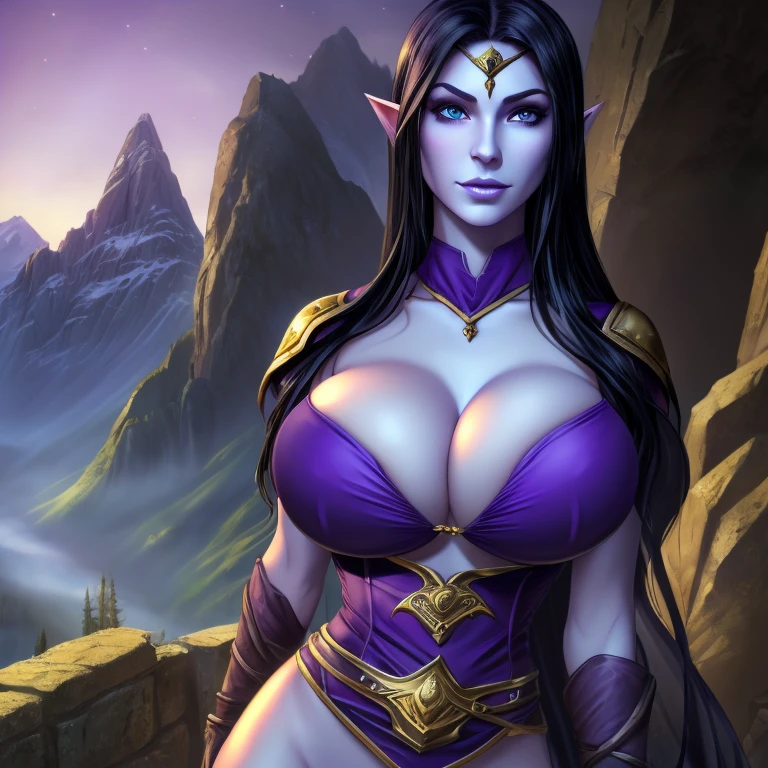 (masterpiece, top quality, best quality, official art, beautiful and aesthetic:1.2), (1girl:1.3), ((long black hair)), (((pale purple skin, pale blue skin, blue skin, purple skin))), extremely detailed, portrait, looking at viewer, solo, (full body:0.6), detailed background, close up, (cold night mountain theme:1.1), dark elf war dancer, charlatan, smirk, mysterious, swaying in mountains, skimpy attire, revealing gladiatrix costume, gold bikini, circlet, cowl, metal bikini, long boots, dual knives, violet fabric, black leather, ((((gigantic breasts, cleavage, skindentation)))), slim waist, slim hips, long legs, medieval (mountain exterior:1.1) background, dark mysterious lighting, shadows, magical atmosphere, dutch angle, totally blueskinned night elf with huges breasts, face tattoo