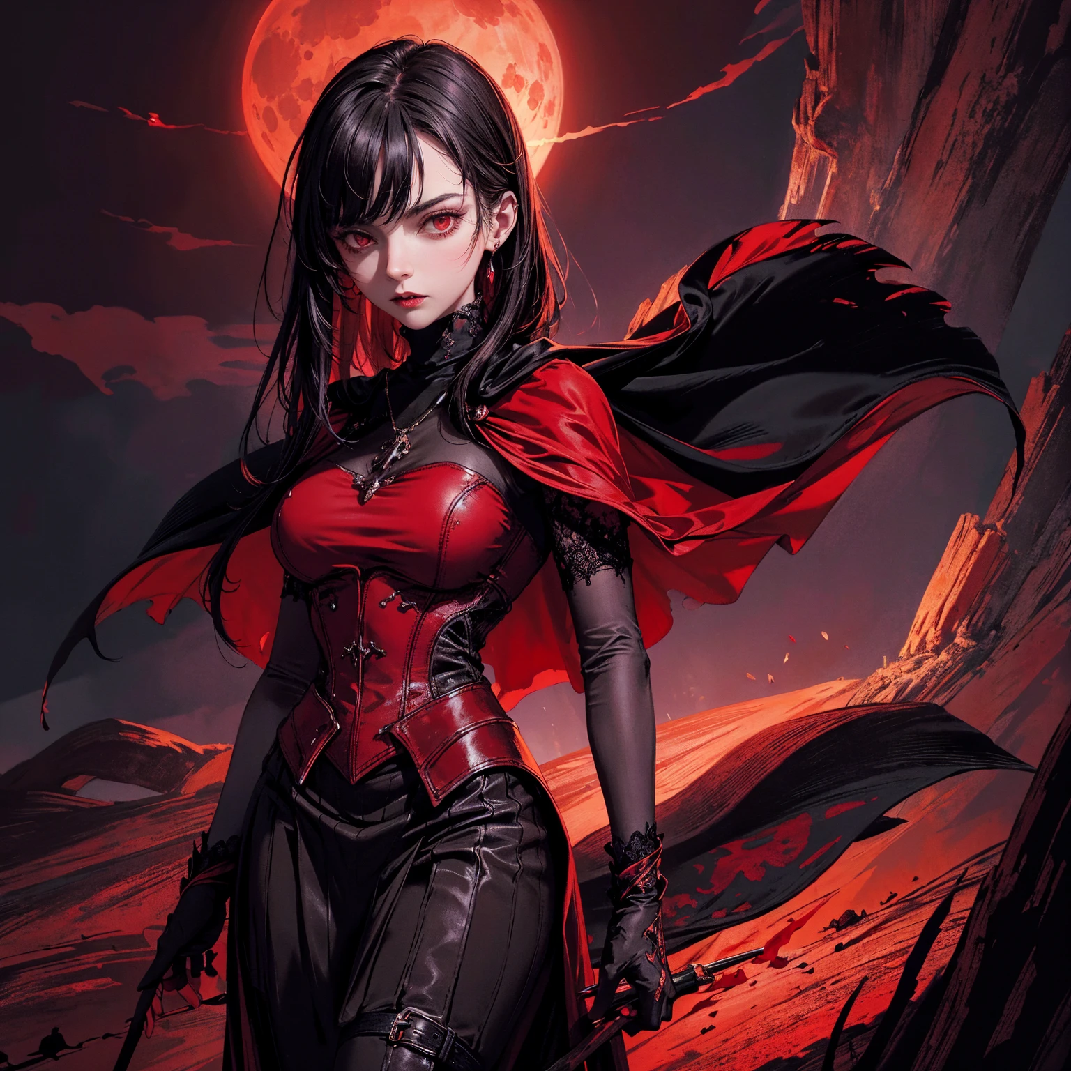 best quality, 4k, high resolution, masterpiece:1.2, Very detailed, actual:1.37, Mood lighting, Girl wearing vampire turtleneck cape, Wearing a tight gothic skirt that shows a little skin above the chest, Dangerous sneer, Black Hair, Standing, Face facing the camera, Curtsey, Crucified, Pitch black sky, Blood-red moon, strange atmosphere, Gothic style, Unforgettable beauty, Dramatic shadows, Ethereal Light, Mysterious atmosphere.