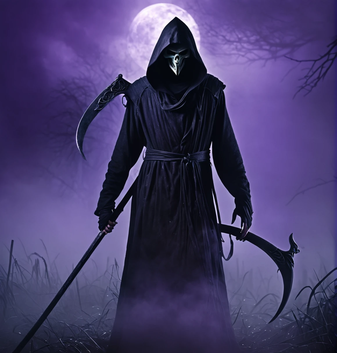"A dark, hooded figure of the Grim Reaper holding a large scythe. The background is a misty, ethereal glow with shades of purple and gray. The figure's face is completely obscured by shadows, adding an air of mystery and menace. The overall atmosphere is eerie and otherworldly."