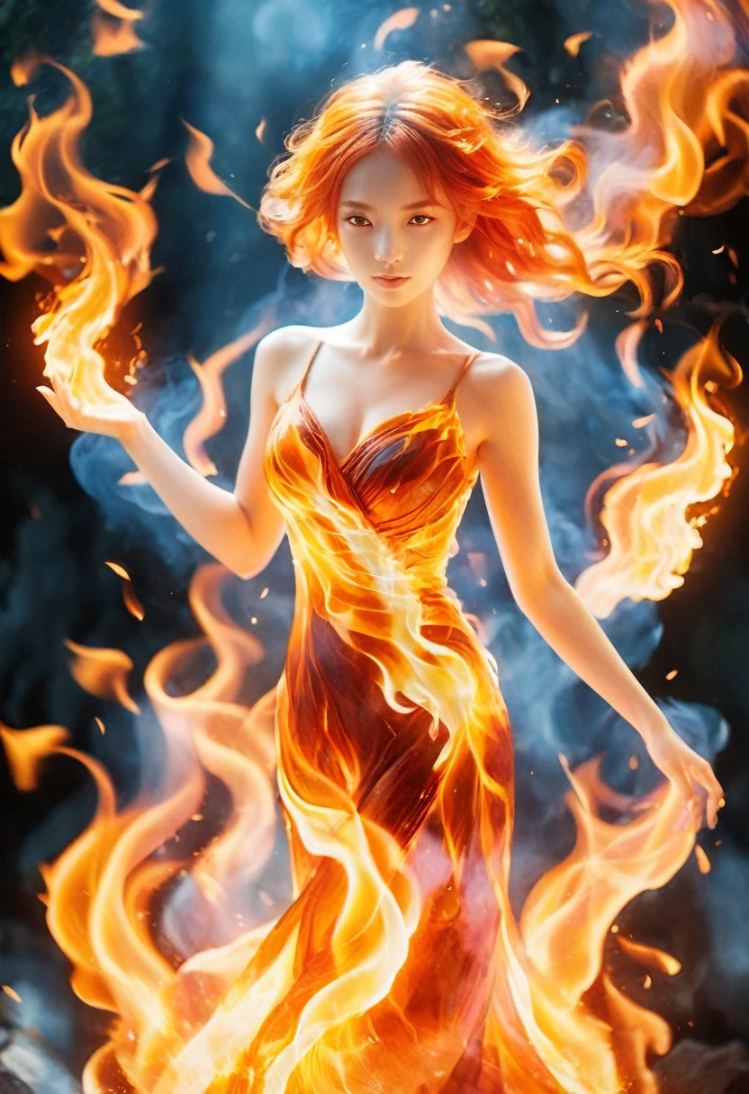 (Fire Element:1.1),由Fire Element組成,(1 busty girl:1.2),on fire,transparency,fiery,(Molten Rock),Flame skin,Flame print,fiery hair,smokes,cloud,Lop Nur,,a girl wrapped in flames, The flames rise and sparkle,burning hands,translucent glow,