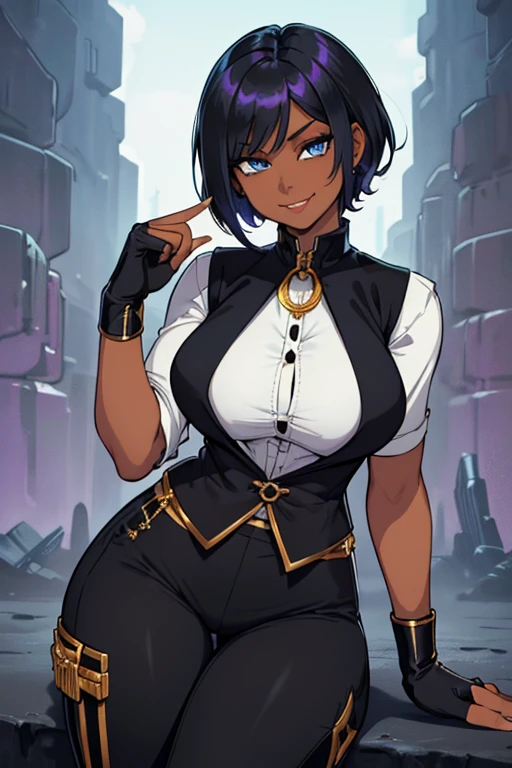 female, silver short hair, blue eyes, dark skin, (((1girl))), (((black waistcoat with gold trim))), (white shirt), (black pants), (black knee high boots with gold trim), (amethyst necklace), (black fingerless gloves), (black belt with gold buckle), cute and sexy, full body, big breasts, long legs, smiling