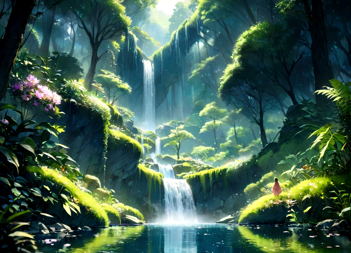 (masterpiece, 最high quality, high quality, A High resolution:1.4), Very detailed, Ambient soft lighting, 4K, Outdoor, nature, forest, Green tree々, Grass, plant, Flowers, river, Caustics, Water flow, ripple, (waterfallr:1.2), Pool, jungle, Dense foliage, Fern, Everything is expressed in jewels, The arrival of spring,waterfall,wonderful scenery, Transparency, View from below, Falling from the sky々A gem, Amazingly beautiful scenery,riverの岸にたたずむユニコーンと乙女、 Slightly hazy, wonderful, High resolution, 8k, (最high quality, High resolution, Realistic:1.37), Shiny metallic flowers, Intricate and delicate petals, Reflective surface, Vibrant colors, Intricate details, Close-up view, 超Realisticな庭園, 超Realisticな美しさ, Dreamy atmosphere, Fine art, 抽象的なplant, Metallic engraving, Contrasting Textures, Mysterious glow