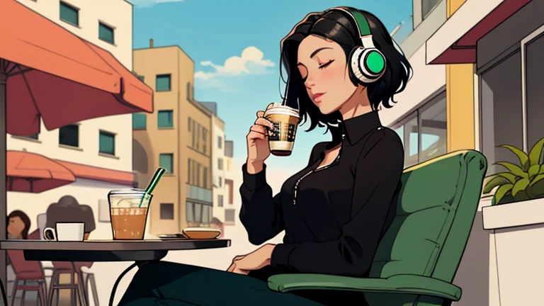 Beautiful woman in her 30s with black hair is sitting with headphones on the cafe terrace. Looking down, eyes closed, LOFI girl, alone in the room, blouse, relaxing mood, cozy, only five fingers, Starbucks