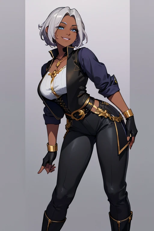 female, silver short hair, blue eyes, dark skin, (((1girl))), (((black waistcoat with gold trim))), (white shirt), (black pants), (black knee high boots with gold trim), (amethyst necklace), (black fingerless gloves), (black belt with gold buckle), cute and sexy, full body, big breasts, long legs, smiling