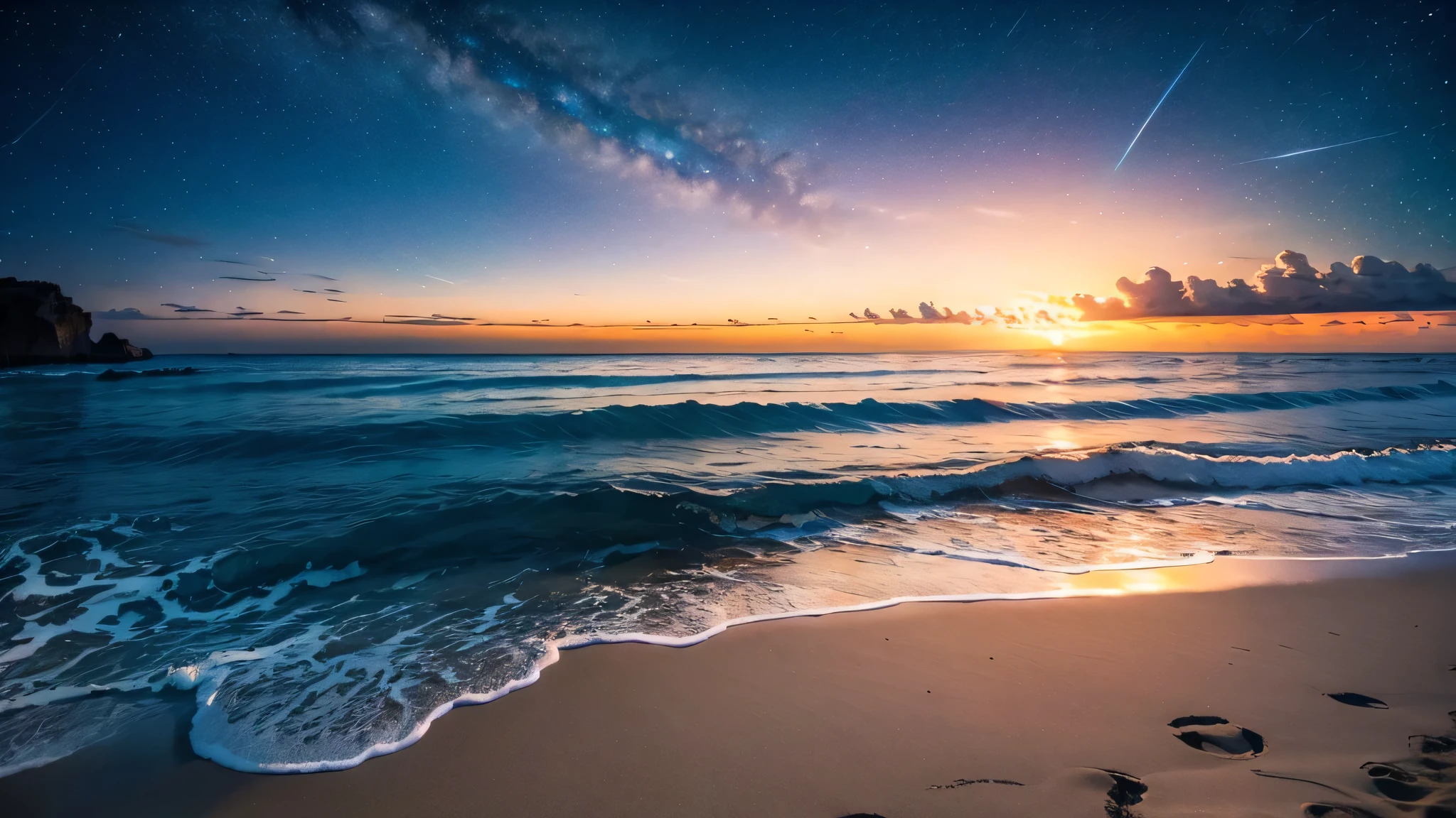 Sunset Beach, Night Sky, Photo realistic, Beautiful sky, Beautiful sea, Detailed, high quality, masterpiece,