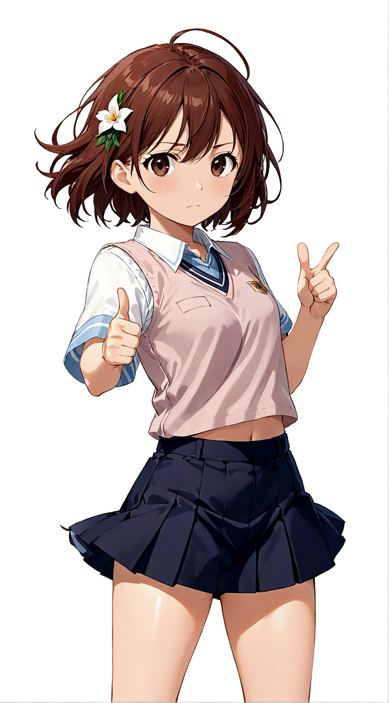 1girl,Brown eyes,Brown hair,One hand thumbs up,One hand on waist,Proud, Disgusted look, misaka mikoto,Uniforms,short hair,shorts,skirt下的shorts,Simple background,skirt,solo,White background