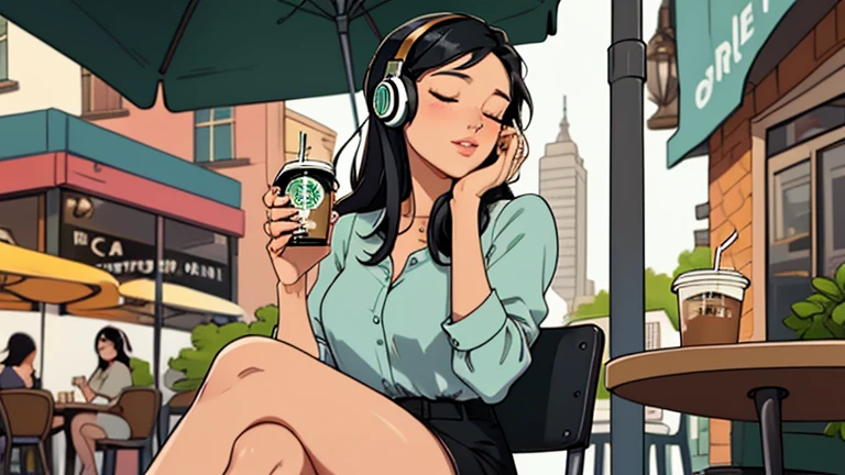 Beautiful woman in her 30s with black hair is sitting with headphones on the cafe terrace. Looking down, eyes closed, LOFI girl, alone in the room, blouse, relaxing mood, cozy, only five fingers, Starbucks