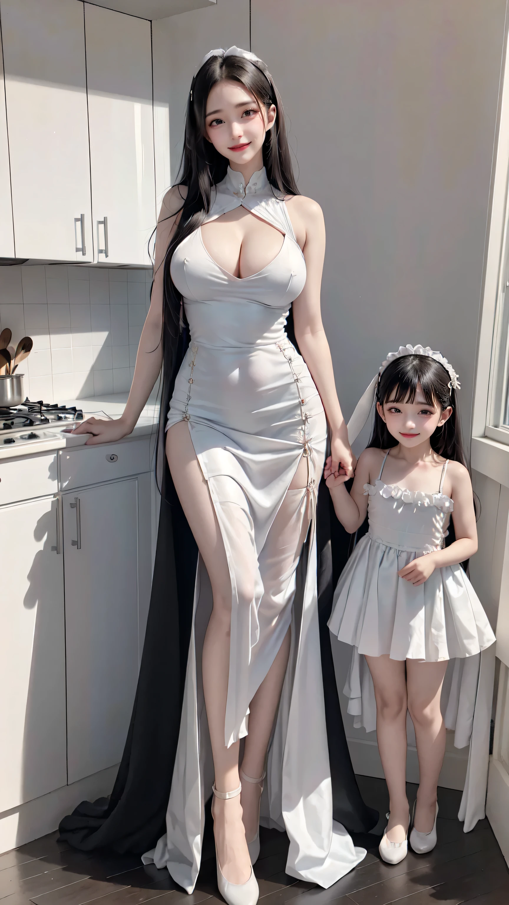 see through clothes(Full body female love:1.3),best quality, masterpiece, ultra high resolution, (lifelike:1.4), original photo, 1 female,35 years old, black hair, big eyes, Detailed eyes and face,huge breasts,split,long legs,Belted robe open ,bare shoulder,no underwear:1.5,see through clothes,Hollow material white clothes,kitchen:1.3,Smile、sleeveless costume、((Maid clothes))、((She is carrying her daughter))