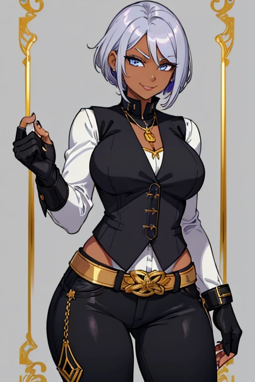 female, silver short hair, blue eyes, dark skin, (((1girl))), (((black waistcoat with gold trim))), (white shirt), (black pants), (black knee high boots with gold trim), (amethyst necklace), (black fingerless gloves), (black belt with gold buckle), cute and sexy, full body, big breasts, long legs, smiling