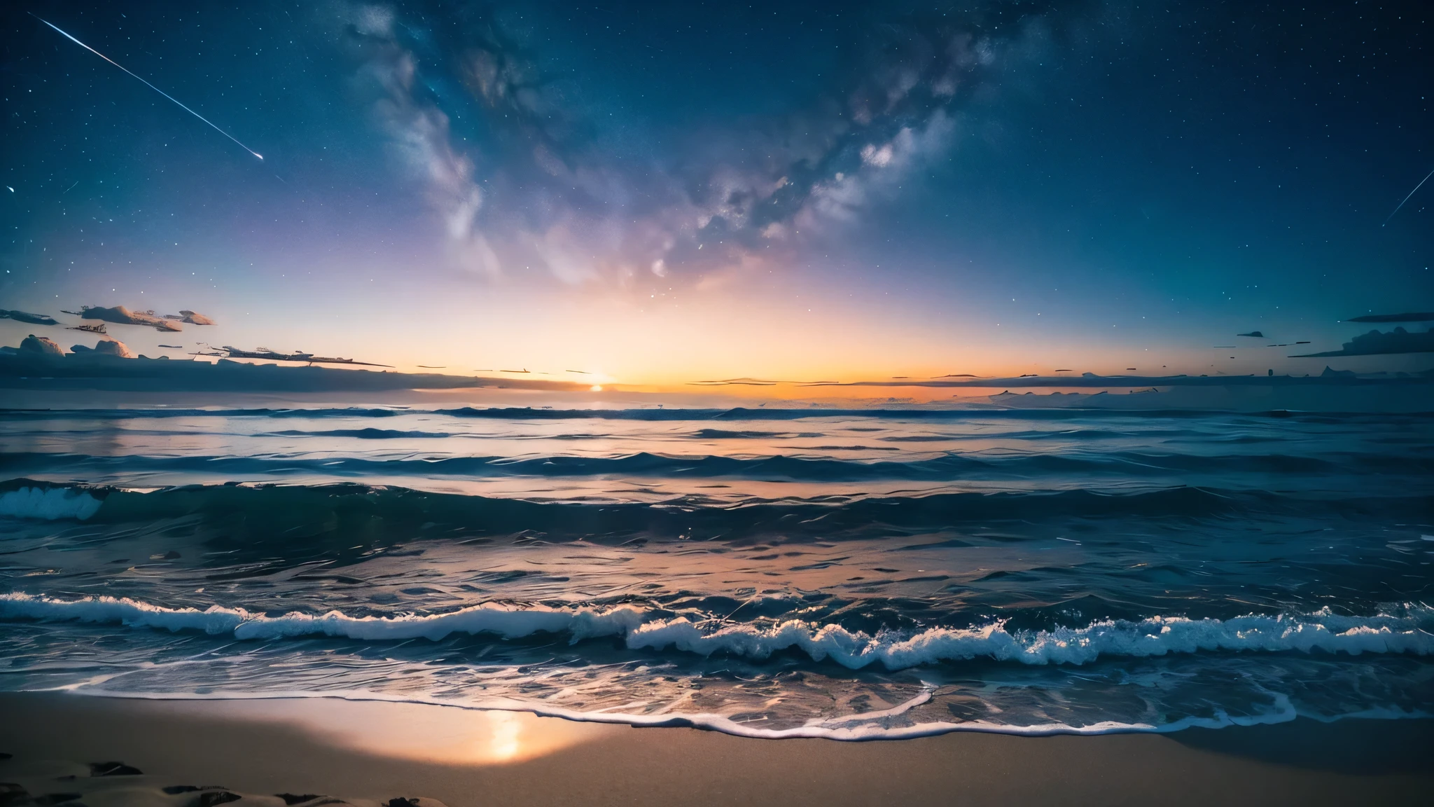 Sunset Beach, Night Sky, Photo realistic, Beautiful sky, Beautiful sea, Detailed, high quality, masterpiece,