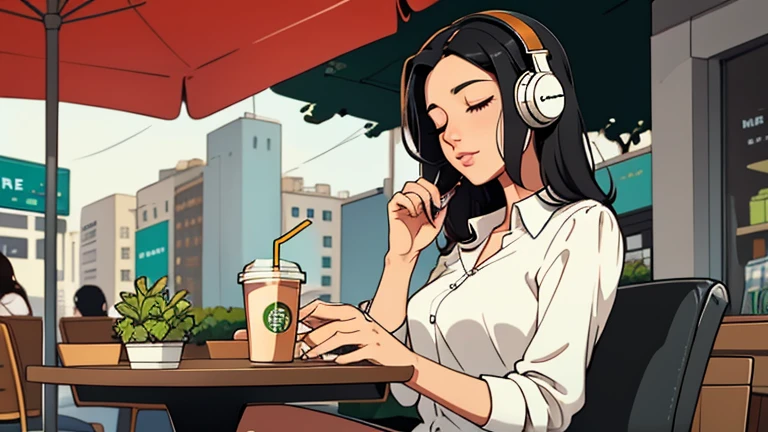 Beautiful woman in her 30s with black hair is sitting with headphones on the cafe terrace. Looking down, eyes closed, LOFI girl, alone in the room, blouse, relaxing mood, cozy, only five fingers, Starbucks