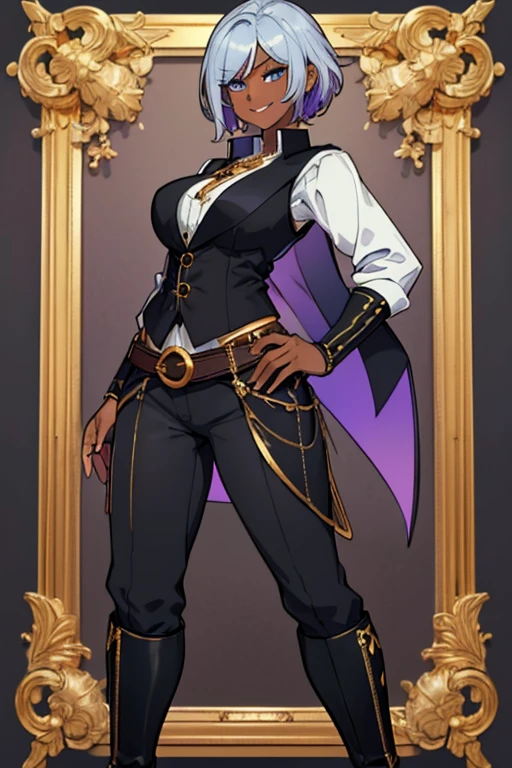 female, silver short hair, blue eyes, dark skin, (((1girl))), (((black waistcoat with gold trim))), (white shirt), (black pants), (black knee high boots with gold trim), (amethyst necklace), (black fingerless gloves), (black belt with gold buckle), cute and sexy, full body, big breasts, long legs, smiling