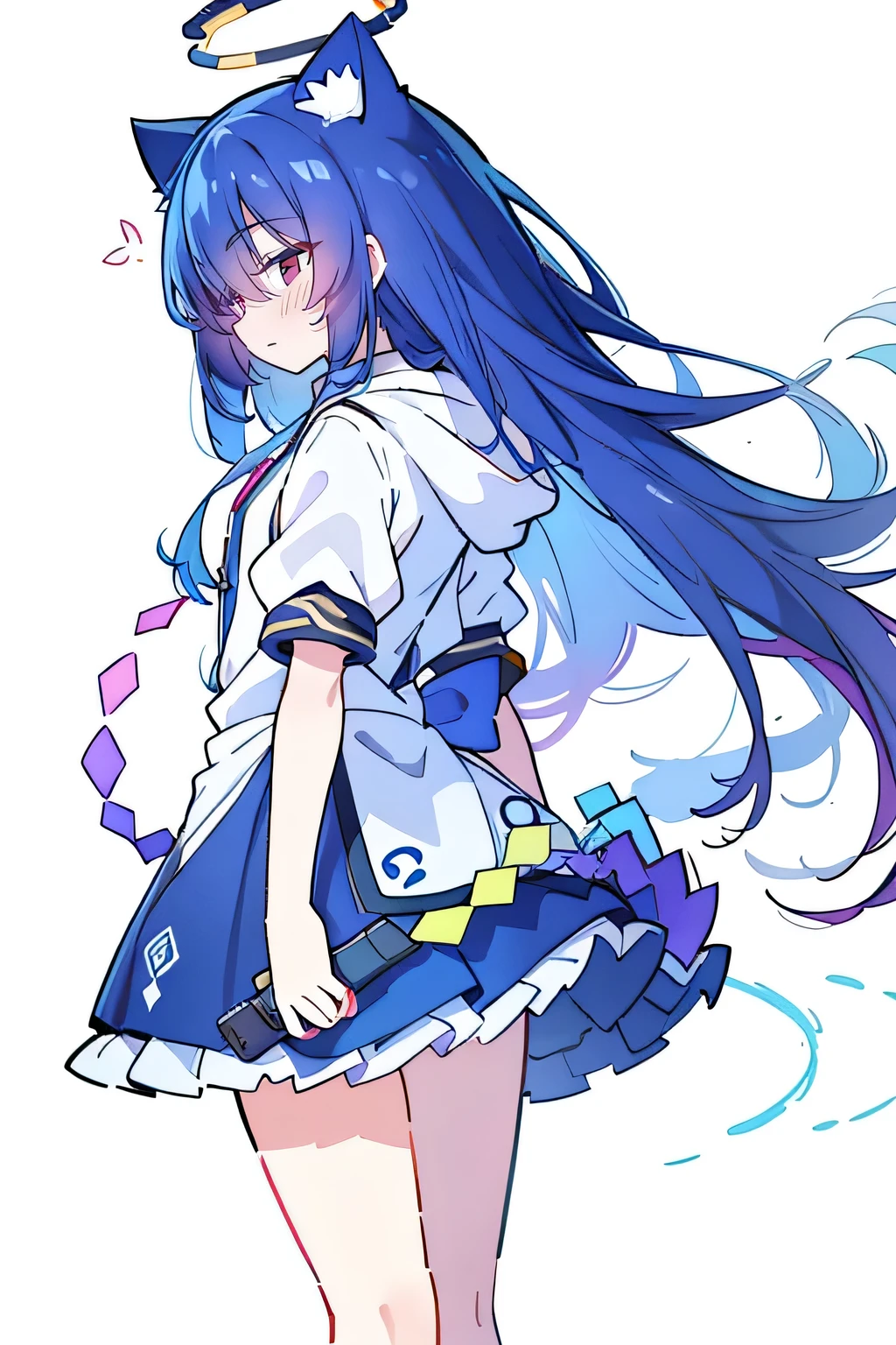 （masterpiece：1.2），Super detailed，lifelike，Expressive eyes，fair skin，perfect face shape，1 girl，
Japanese comics,Gorgeous blue hair,flowing blue hair,flowing clothes,Cat ears,Petals fall,beautiful lola,Baby Angel,
Shaking head with one hand，Cross your legs，Gentle and peaceful background，The pavilion is cool and comfortable,smile, wearing hoodie, background of tokyo,back views,snowing, winter,lie on the water,（（masterpiece：1.4，最high quality）），（Super detailed），Official Art，Unity 8k Wallpaper，Super detailed，Beautiful appearance，high quality，Lovely，masterpiece，最high quality，（flat chest），Human body，a character portrait，Standing，White background，long suspender skirt，Yuri,（Black tights），There is a halo on the head，gun，Cyberpunk，future
