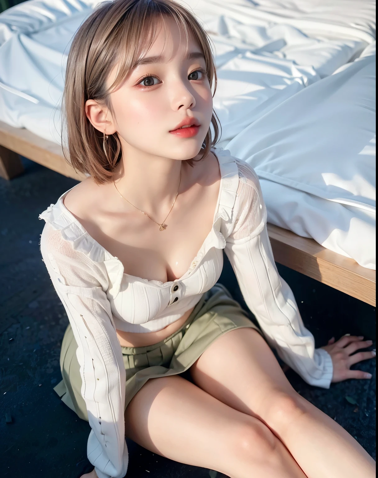 (8K、Original Photography、Image Quality、masterpiece:1.3)、(Practical、Reality:1.3)、1 girl in、(Cute little turtle:1.3)、(Chickadee:1.3)、(Sunlight)、(Sunlight)、(纯粹的Sunlight)、State University of New York、(Just looking at the audience:1.3)、Long wavy hair、(Ear pacifier Rinouth Close、ulzzang-6500-v1.1:0.5 green wool skirt、There is a woman sitting on the ground beside the bed, Young cute girl, 2 4-year-old female model, Cute young woman, Beautiful young Korean woman, nice young girl, Beautiful Asian girl, Beautiful Chinese model, korean girl, a lovely young girl, Cute young woman, Good face shape,On all fours, Sammi Pasta, Cute girls