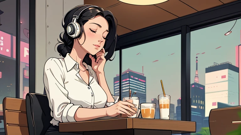 Beautiful woman in her 30s with black hair up is sitting with headphones on the cafe terrace. Looking down, eyes closed, LOFI girl, alone in the room, blouse, cozy wallpaper, relaxing mood, cozy, only five fingers, Tokyo cityscape,