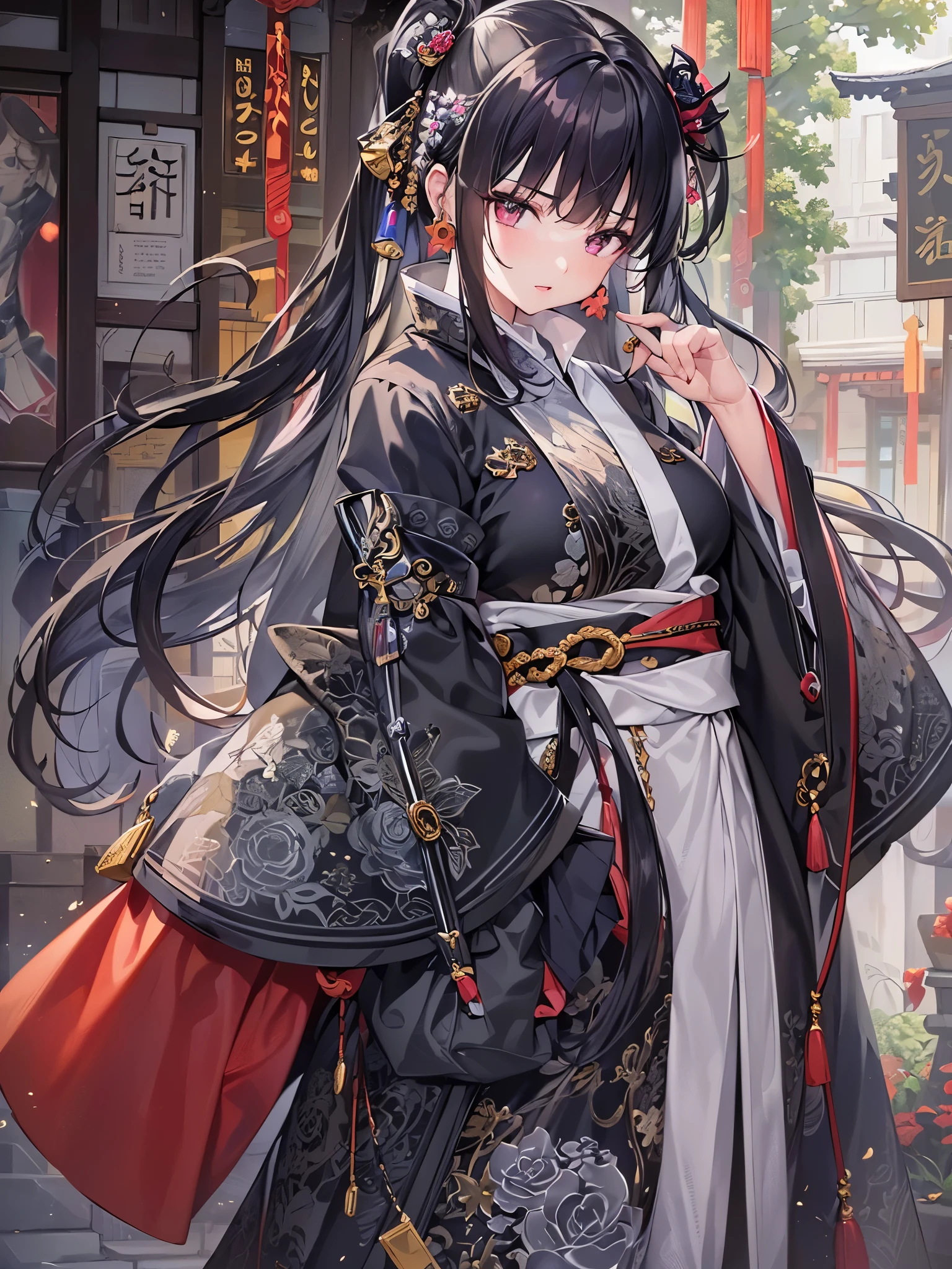 ((highest quality)),(Ultra-high resolution),(Very detailed),(Detailed Description),((The best CG)),(A masterpiece),Ultra-detailed art,Amazing drawing art,(Art with precise details:1.5), (woman:1.6),(Beautiful and well-proportioned face:1.4),(Shiny black hair:1.5),((Large sleeves:1.6))