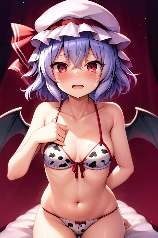 Anime Femboy, Fine skin, cute, (masterpiece, highest quality, 8K ultra-high resolution:1.4), beautiful detailed eyes, ultra-detailed, drsizukachan1, 
Standing, front view,
remilia_scarlet_touhou, red_eyes, mob_cap, short_hair, bat_wings, wings, hat, blue_hair,  hair_between_eyes, bangs, smile, red_ribbon,
(((Completely naked))), pussy line,
((Femboy)), no ko , a feminine boy, no constriction, Dim body
red moon night background,