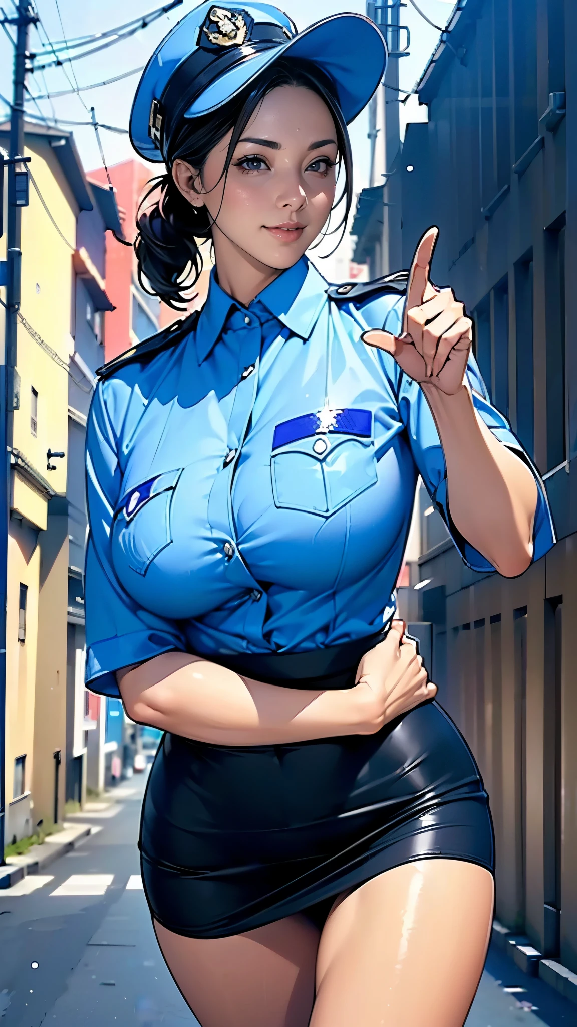 (masterpiece:1.2, highest quality), (Realistic, photoRealistic:1.4),Beautiful illustrations,(Natural Side Lighting, Cinema Lighting),1 female,Japanese,Mature Woman,Female police officer on patrol,48 years old,Perfect Face, Symmetrical face, Shiny skin,Random Hairstyles,Big eyes,Sexy Eyes,(smile),(whole body),break((Police Officer Shirt)),((A tight mini skirt made of very thin fabric)),(Police hat),(The background is a street corner:1.5),(((Background Blur:1.5))),((Police uniform)),BREAK(((front:1.5))),(((Extend your right arm forward:1.2))),((Pointing at someone with a gun in his right hand)),(Careful drawing of hands),(((Extend your left hand straight down)))