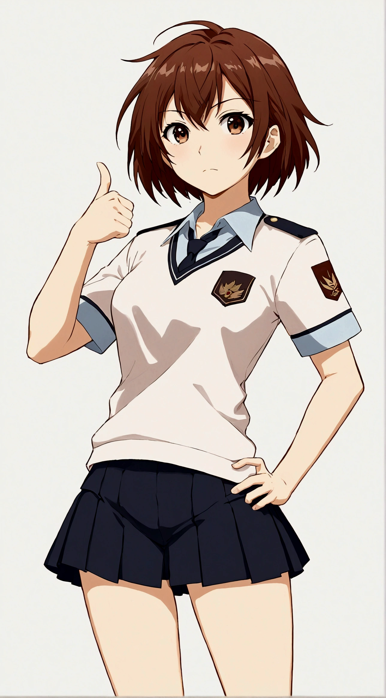 1girl,Brown eyes,Brown hair,One hand thumbs up,One hand on waist,Proud, Disgusted look, misaka mikoto,Uniforms,short hair,shorts,skirt下的shorts,Simple background,skirt,solo