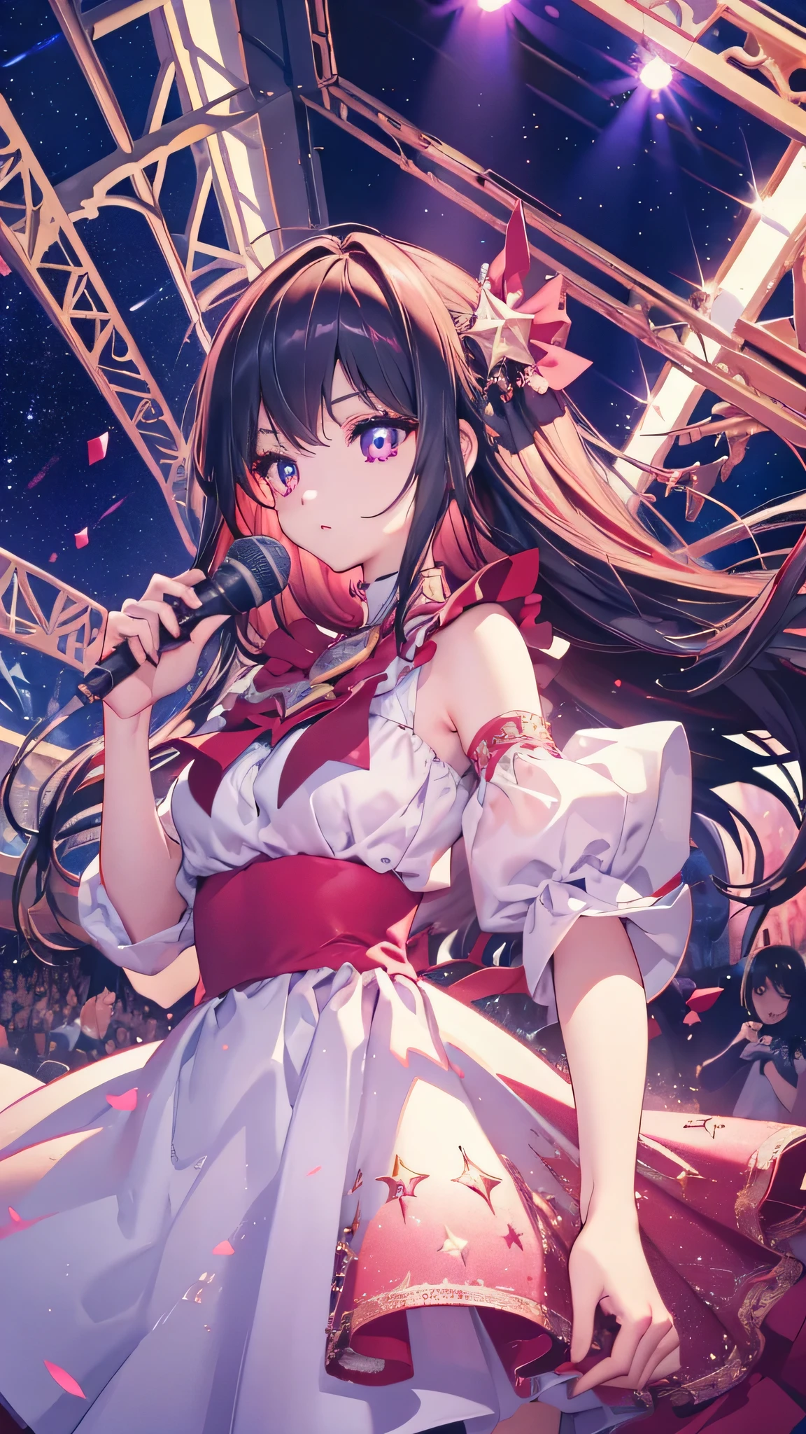 One girl, alone, highest quality, masterpiece , Hoshino Ruby, hair ornaments, Shining Eyes, Stars in my eyes, (Star in the right eye:1), (dress:1.4), (Concert 1), On Stage,