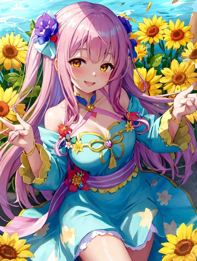 Anime girl with flowers in her hands,With a smile on his face, with flowers, Guviz, she expressing joy, beautiful and smiling, laughing sweetly, Lovely smile, with a beautifull smile, Middle metaverse, by Yang J, Happy and cheerful look, and she smiling,Very happy, Guviz-style artwork、Yellow flowers