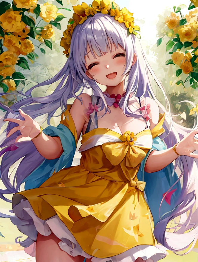 Anime girl with flowers in her hands，With a smile on his face, with flowers, Guviz, she expressing joy, beautiful and smiling, laughing sweetly, Lovely smile, with a beautifull smile, Middle metaverse, by Yang J, Happy and cheerful look, and she smiling，Very happy, Guviz-style artwork、Yellow flowers