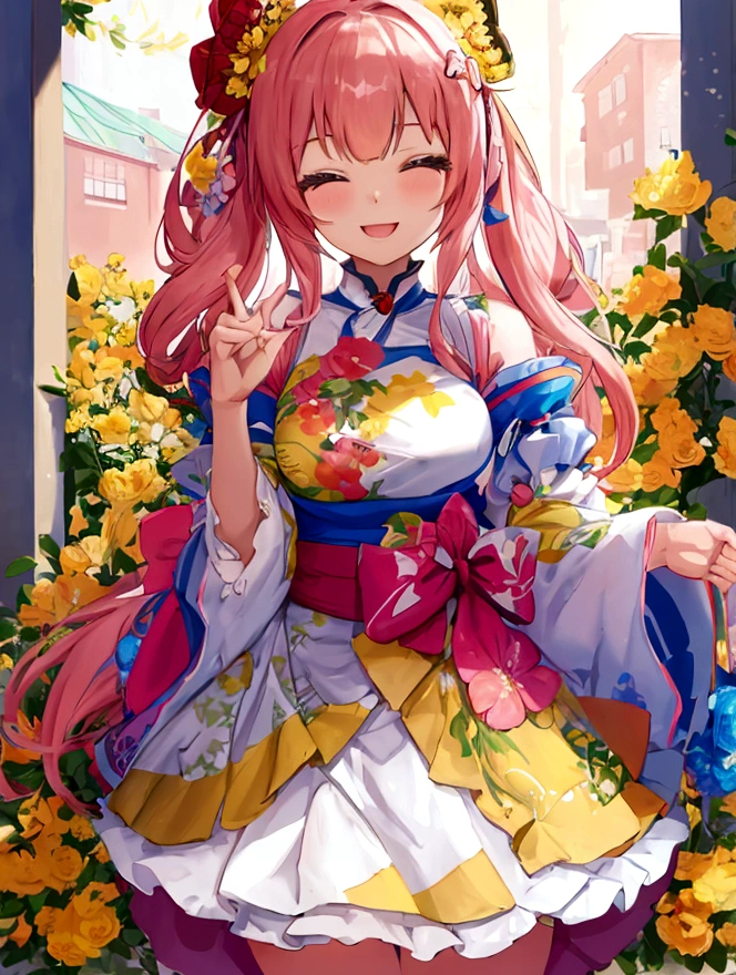 Anime girl with flowers in her hands,With a smile on his face, with flowers, Guviz, she expressing joy, beautiful and smiling, laughing sweetly, Lovely smile, with a beautifull smile, Middle metaverse, by Yang J, Happy and cheerful look, and she smiling,Very happy, Guviz-style artwork、Yellow flowers