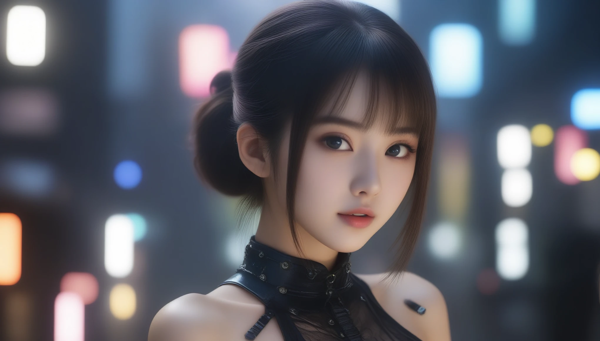 8k, Ultra-high resolution, highest quality, masterpiece, 三分割法によるphotograph,Surreal, photograph, 1 girl, (:1.3), pretty girl, Cute Face, Beautiful eyes in every detail, 細かくdetailedに,masterpiece,, One Girl:1.2, Japan Female Announcer,Cinematic Color Grading Film, dramatic scene, photograph撮影, kuru, artwork, Ultra Grande Angular, walking on the サイバーパンク cityscapes, photographウルトラフィナ, (Cyborg Arm:1.3), ( Leather lace-up corset and panties、garter belt,Shiny黒いシルクストッキング),((Bondage and Gothic Lolita)) ,Ce of chest, Better Quality, Ultra-high resolution, Realistic, Volumetric Light, so beautiful, Half Body, Delicate face, Bright eyes, kuru photo, 1 girl, alone, 1 girl, (Herringbone top:1.3), (technology), technology do futuro, Future Scholars, Hologram Augmented Reality, (非常にdetailedな CG 8k ユニティの壁紙), 世界で最も美しいartworkの一つ, professional photograph撮影, Art Station Trends, CGsociety Trend, 複雑なdetailed, High detail, Sharp focus, dramatic, Realistic, , Shiny, (mais high quality:1.3), (Sharp focus:1.5), (Realistic:1.3), (非常にdetailedな肌), (detailedな顔), (非常にdetailedな肌:1.2), (Glowing Skin:1.2), Cyborg Arm, (非常にdetailedな肌 textures:1.15), (detailedな顔), (非常にdetailedな肌:1.2), (Glowing Skin:1.15), Shiny,, Cyberpunk Street, (night:1.2), fog, (rain:1.2), film grain, Shiny, Water reflection, Reel mechanism,Bold Pose,Looking at the audience、beauty,Long neck、Laugh a little、Please close your mouth and laugh、(((Ideal body type))),A-cup small breasts :2,、Portraiture:2、Perfect Anatomy、鮮明なdetailed、detailed、Surreal、Light and shadow,Strong light