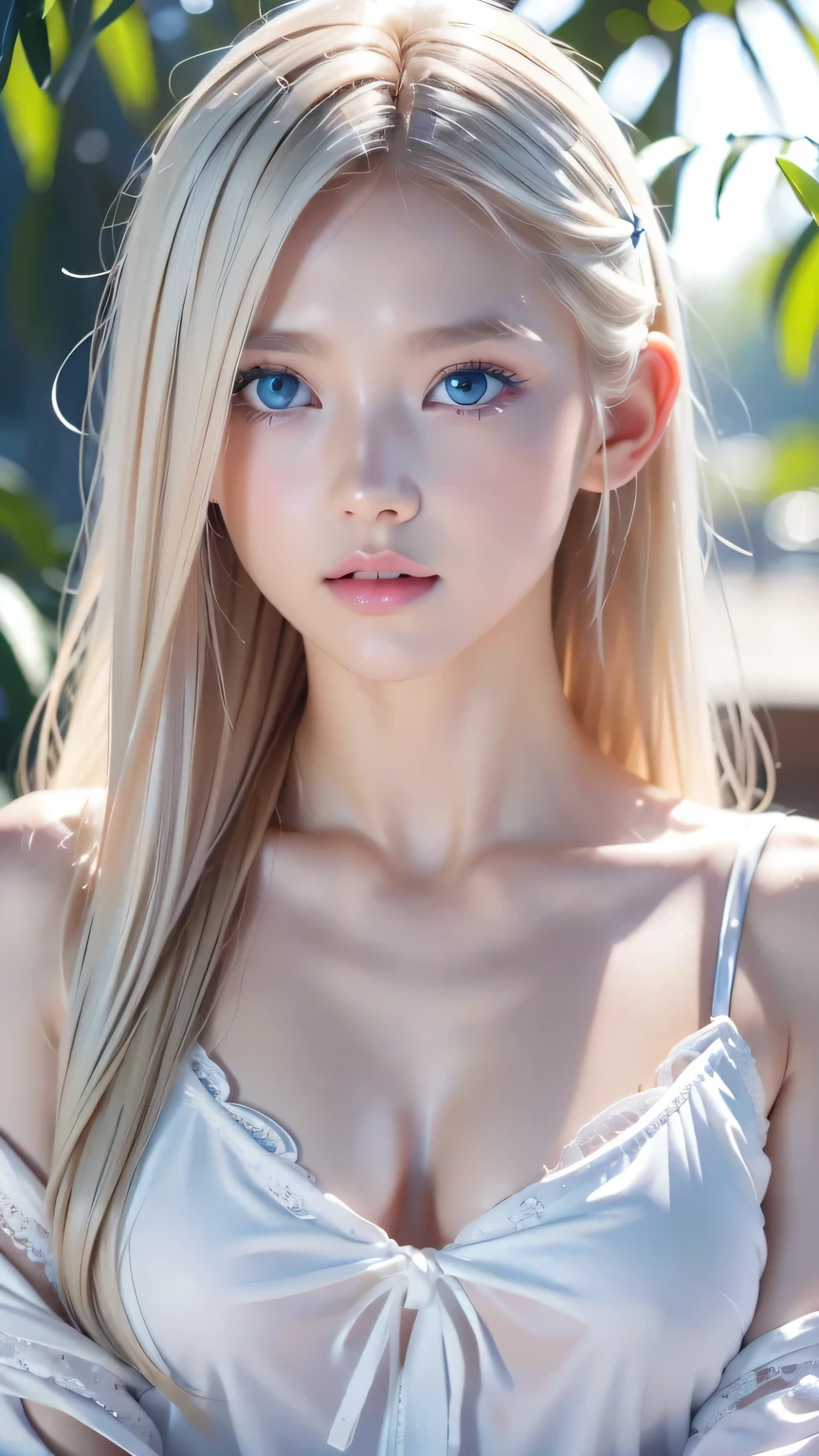 Platinum blonde fine hair、Long Straight Hair、Face and eye bangs、Big bright blue eyes、Transparent white and wet nightgown、Nordic youth、Perfect body、White Muscle、Shiny skin、Young and beautiful skin、Perfect beautiful little face、Bright makeup、Pale pink lips、Bright expression、1. 16-year-old girl、Buttonless shirt、lipstick、Deceptive advertising、{steams}、Viewer Vision、Golden Hour Lighting、Bokeh Atmosphere Perspective、detailed、Movie Light、Intricate details、High resolution、Detailed features of the face design、detailed、Clear Focus、Smoothness、aesthetics、printing、Octane、masterpiece、{{}}