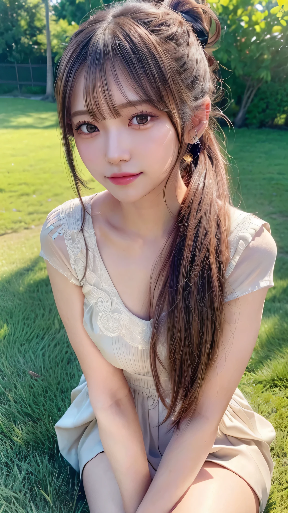 One piece with collar,outdoors,Urban Park,On the lawn,Ultra-detailed, finely detail, hight resolution, 8K Wallpaper, Perfect dynamic composition, Beautiful detailed eyes,Outdoor,Close-up of face,Outdoor,Blushing,Facing forward,,Long hair ponytail,((8K, Raw photo, Best Quality, Mastepiece:1.2), (Realism, Photorealistic:1.4), (Highly detailed 8k wallpaper), Depth of written boundary, Cinematic Lighting, Soft Light, Detailed Beauty Eye,Shiny and smooth light brown ponytail, Asymmetrical bangs, Shiny skin, Ultra-detailed skins ,It is high resolution., High detail, Detailed hairstyle, Detailed facial beauty, Hyper-realistic, Perfect limbs, Perfect Anatomy ,1 Japanese girl,Famous Japanese Idols, Perfect female body,A shy smile,Short eyelashes,Double-edged eyelids,Look straight here,Hair style: ponytail,