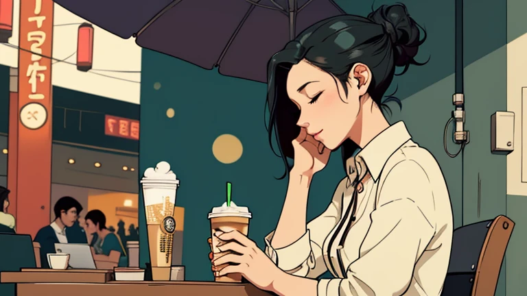 Beautiful woman in her 30s with black hair up is sitting with headphones on the cafe terrace. Looking down, eyes closed, LOFI girl, alone in the room, blouse, cozy wallpaper, relaxing mood, cozy, only five fingers, Tokyo cityscape, Starbucks
