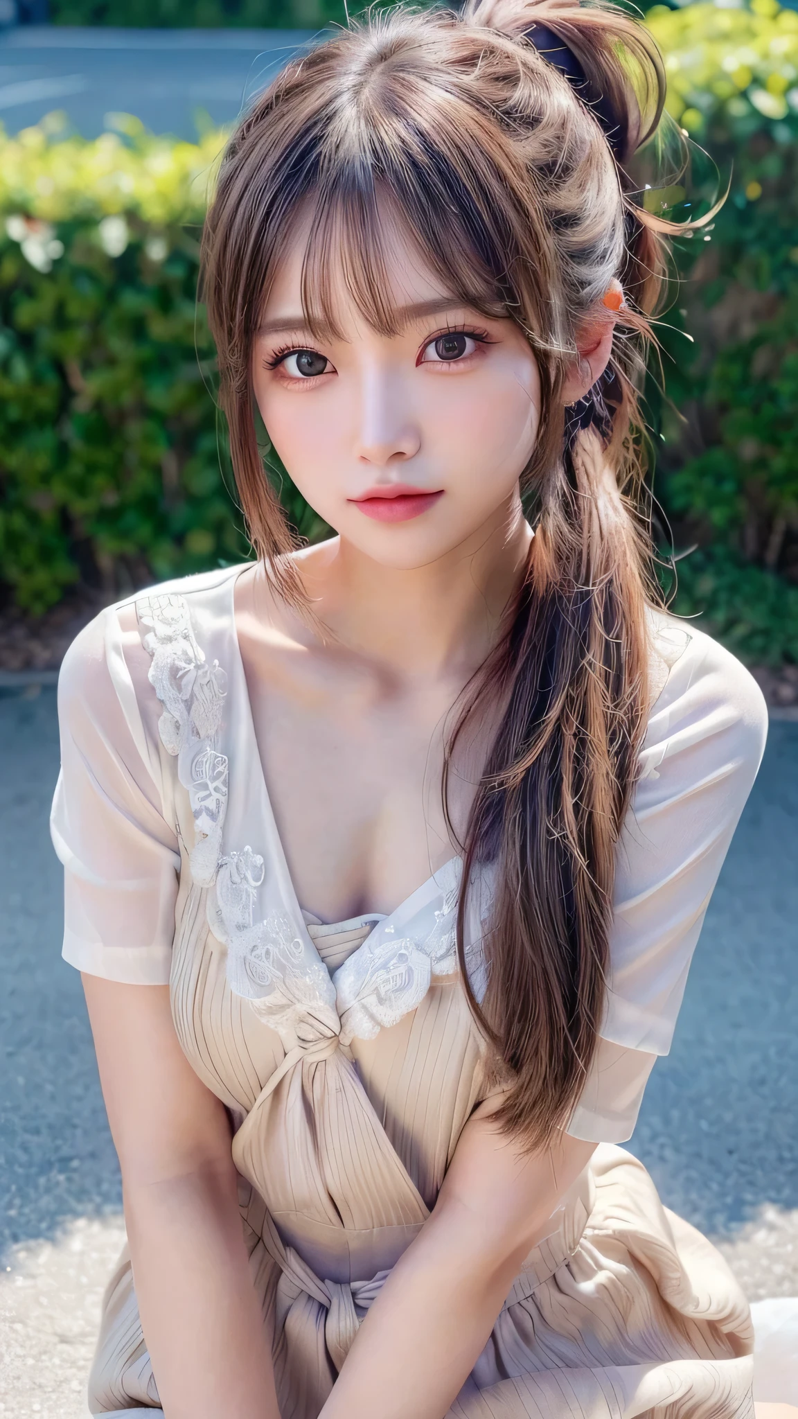 One piece with collar,outdoors,Urban Park,On the lawn,Ultra-detailed, finely detail, hight resolution, 8K Wallpaper, Perfect dynamic composition, Beautiful detailed eyes,Outdoor,Close-up of face,Outdoor,Blushing,Facing forward,,Long hair ponytail,((8K, Raw photo, Best Quality, Mastepiece:1.2), (Realism, Photorealistic:1.4), (Highly detailed 8k wallpaper), Depth of written boundary, Cinematic Lighting, Soft Light, Detailed Beauty Eye,Shiny and smooth light brown ponytail, Asymmetrical bangs, Shiny skin, Ultra-detailed skins ,It is high resolution., High detail, Detailed hairstyle, Detailed facial beauty, Hyper-realistic, Perfect limbs, Perfect Anatomy ,1 Japanese girl,Famous Japanese Idols, Perfect female body,A shy smile,Short eyelashes,Double-edged eyelids,Look straight here,Hair style: ponytail,