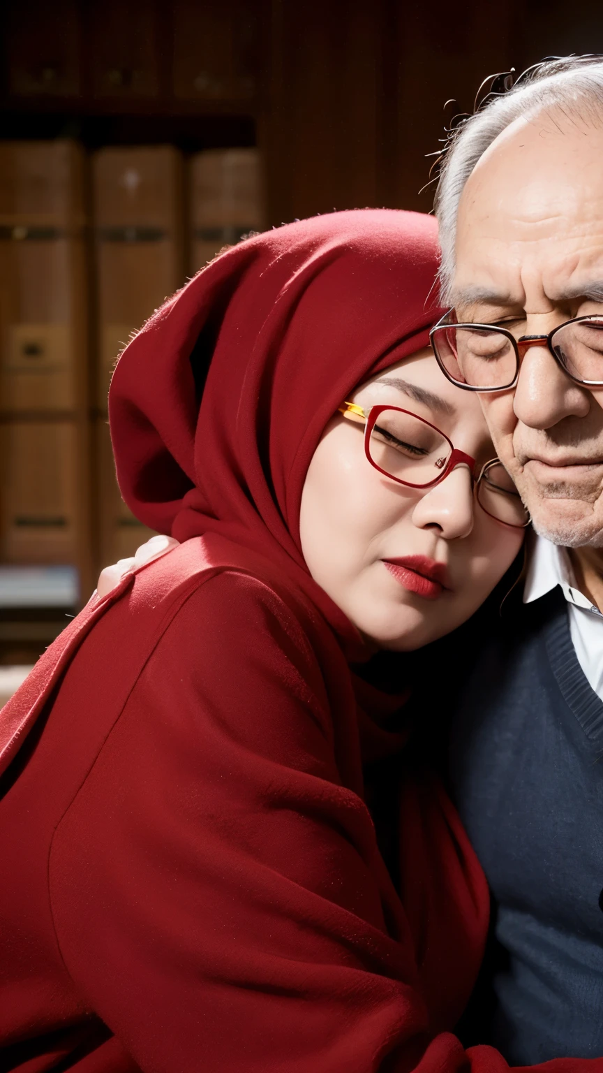 A high school girl wearing red hijab, and glasses, red lips, hugging a old man, closed eyes, detailed horny face