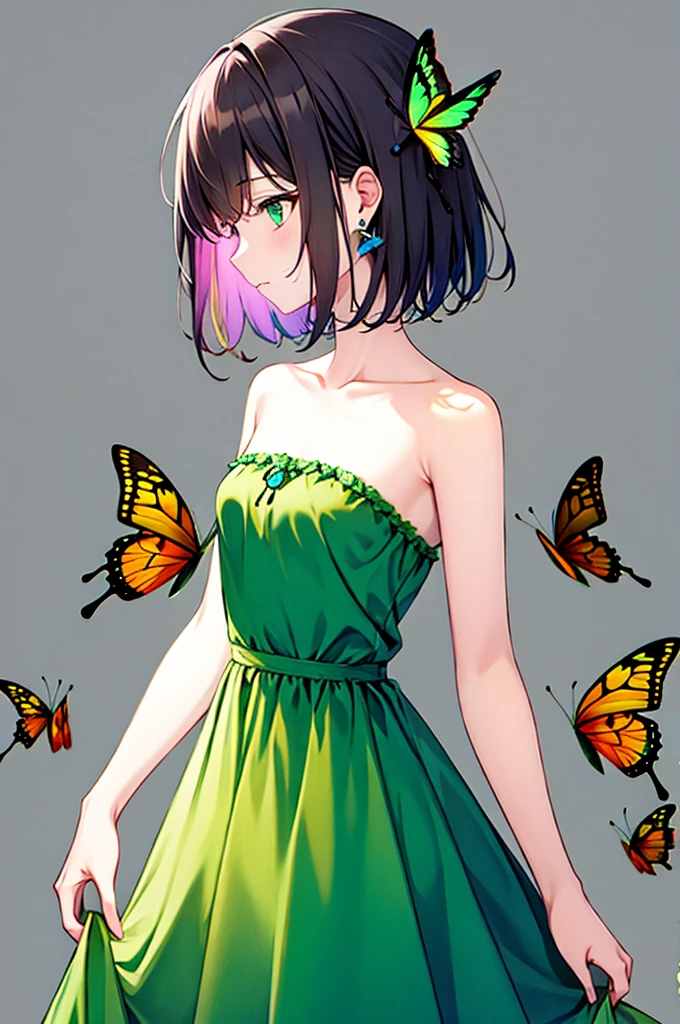 One girl, 前hair, just_arms, just_shoulder, green_butterfly, green_dress, bug, butterfly, butterfly_upon_hand, butterfly_wing, collarbupone, dress, Earrings, gray_background, jewelry, Looking_Away, Multicolor_hair, profile, short_hair, alone, Strapless, Strapless_dress, wing, yellow_butterfly