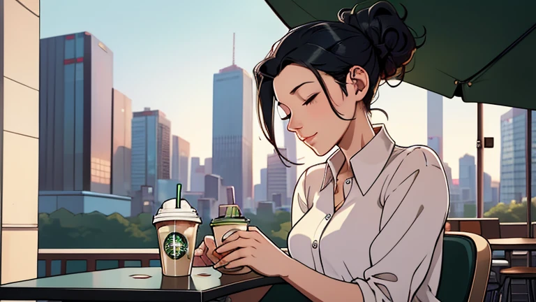 Beautiful woman in her 30s with black hair up is sitting with headphones on the cafe terrace. Looking down, eyes closed, LOFI girl, alone in the room, blouse, relaxing mood, cozy, only five fingers, Tokyo cityscape, Starbucks