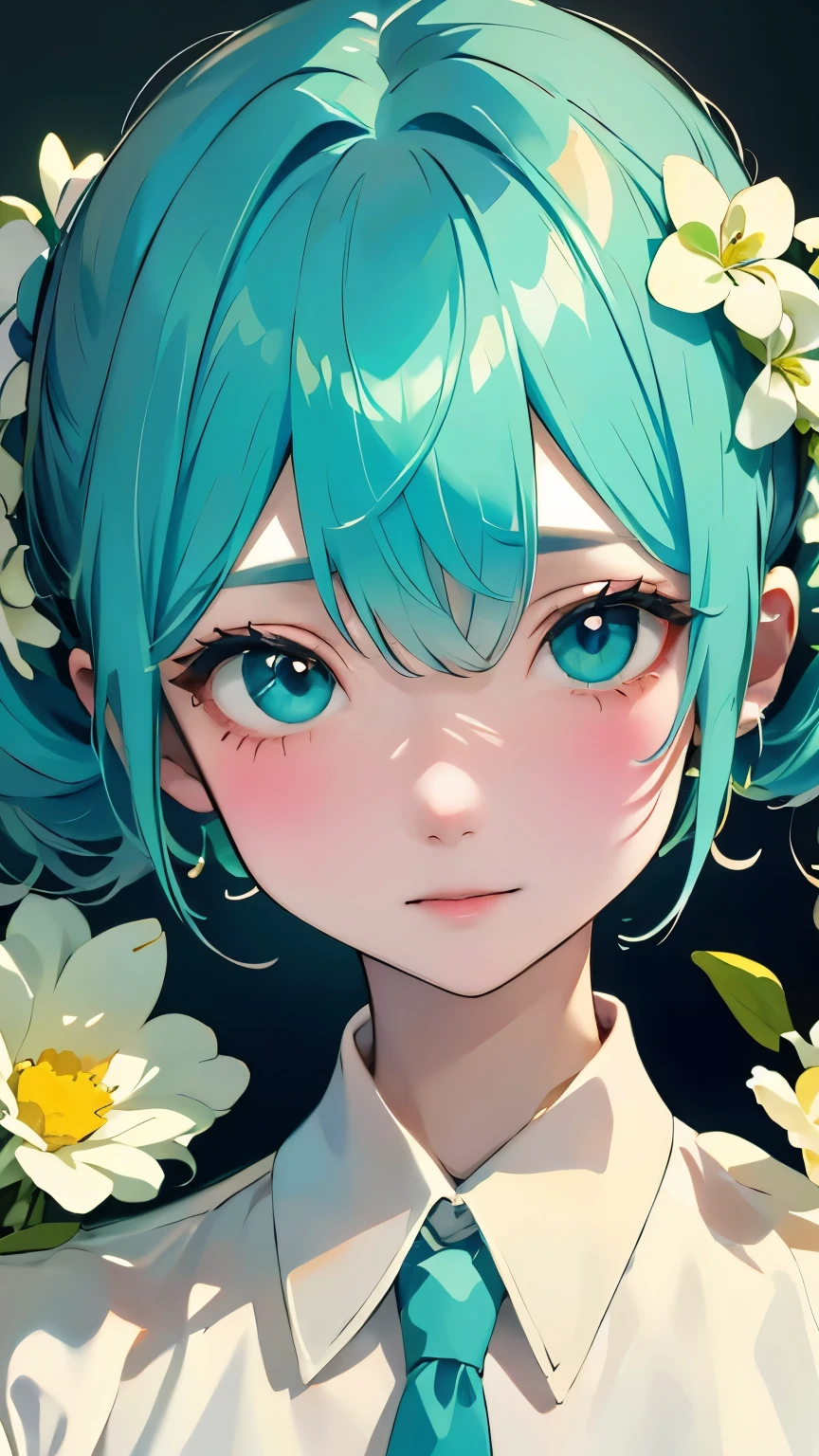 Beautiful woman、Hatsune Miku、flower arrangement、Wabi-sabi art、かわいいface、Very detailed_face_eye、Very detailedなface、White Dress、black、gray、Light blue tones、parchment、抽象的flower arrangement、Three big flowers、Surreal art、silence、wallpaper、highest quality、masterpiece、High resolution、８ｋ